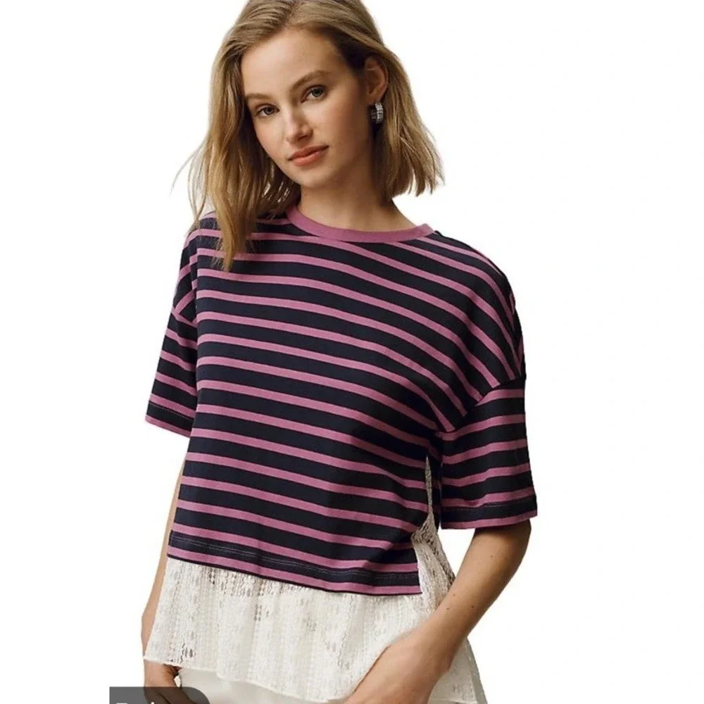 Maeve by Anthropologie Twofer Stripe Lace Tee NWT SIZE M